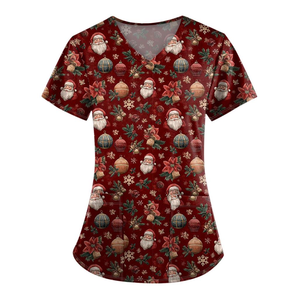 Ladies' Fashionable V-neck Pocket Short Sleeved Christmas Tree Printed Caregiver Shirt