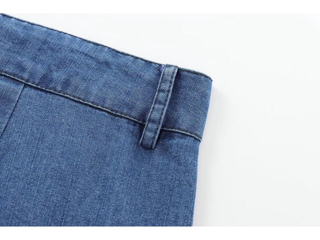 Women's Early Autumn Denim Set: Turn-Down Collar Tie-Waist Shirt & Draping Wide-Leg Pants