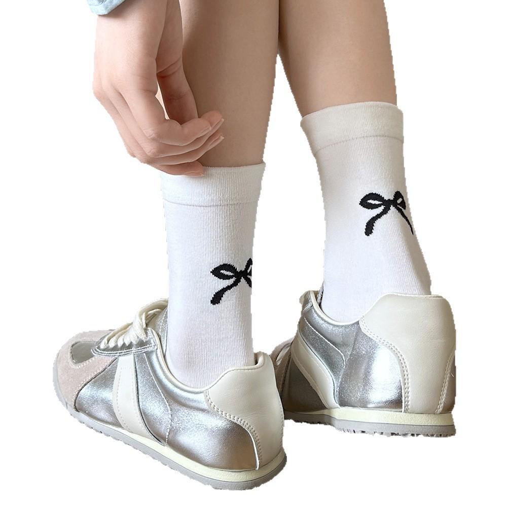 Women's Mid-calf Socks, Pure Cotton Antibacterial Autumn Bow Pile Socks, Ballet-style Boneless Solid Color Cotton Socks, Long Socks