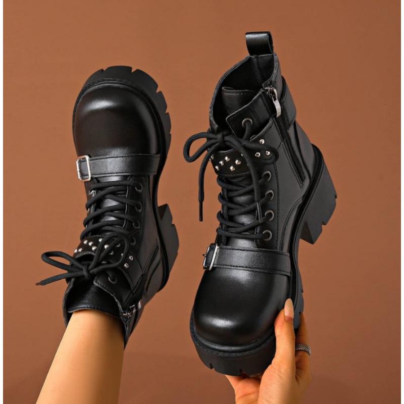 Fashion Women Platform Ankle Boots Vintage Thick Bottom Lace Up British Motorcycle Booties Outdoor Designer Shoes Women Zapatos De Mujer