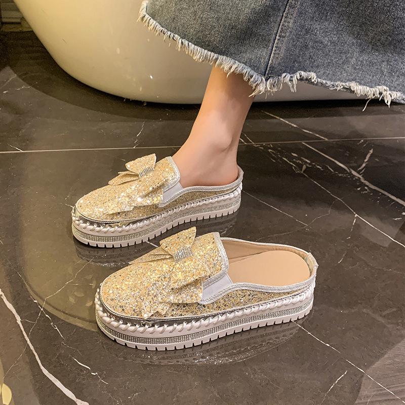 Fashion Glitter Slides Slippers Women Summer Low Sliders Shoes Butterfly-Knot Loafers Pantofle Cover Toe Platform Jelly 2025 Butterfly-k