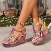 High Heel Sandals Women's New Cross-border Foreign Trade Large Size Wedge Embroidered One Line Buckle Peep Toe Platform Women