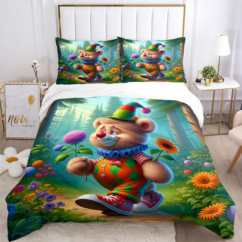 3pcs Anime Clown Bear Bedding Set - Includes One Quilt Cover and Two Pillowcases (No Core) - Polyester Fabric - Perfect for Bedroom and Gues