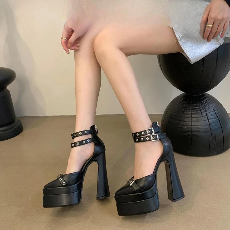Fashion High Heel Pumps 2025 Fashion Point Toe Platform Women's Shoes Straps Sexy Pump Latest Buckle Casual Pumps Female Chunky Shoes