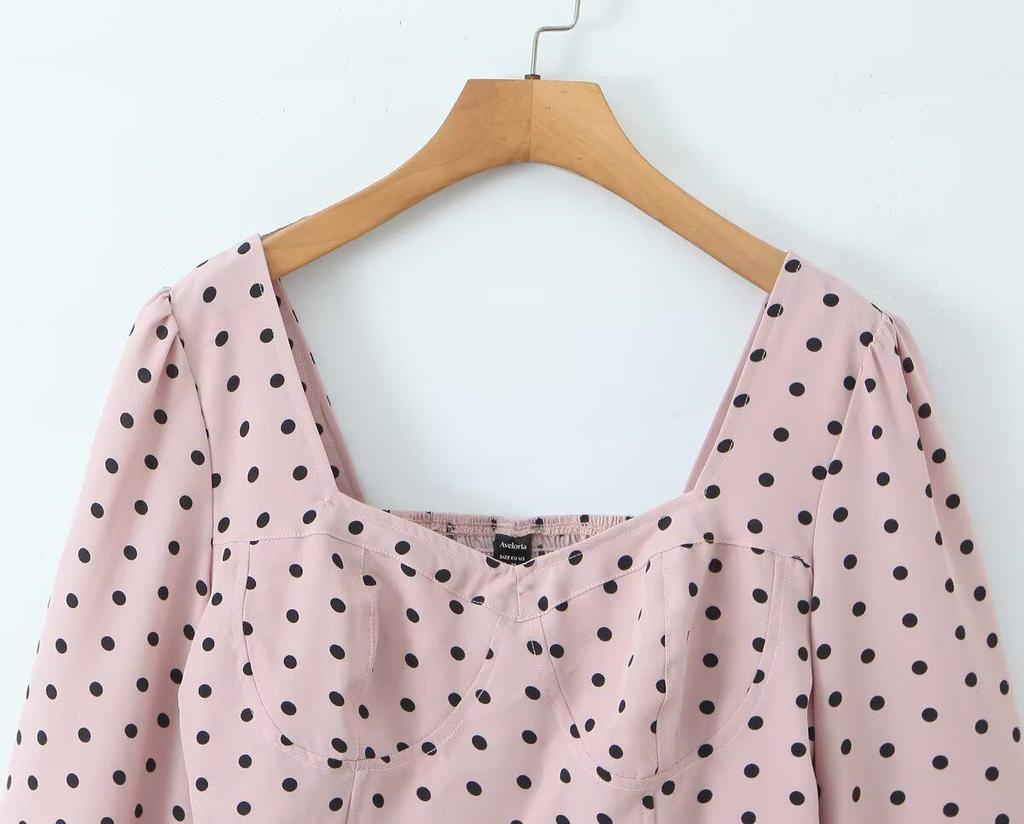 2025 Fashionable Women's French Chic Polka Dot Square Neck Top with Puff Sleeves