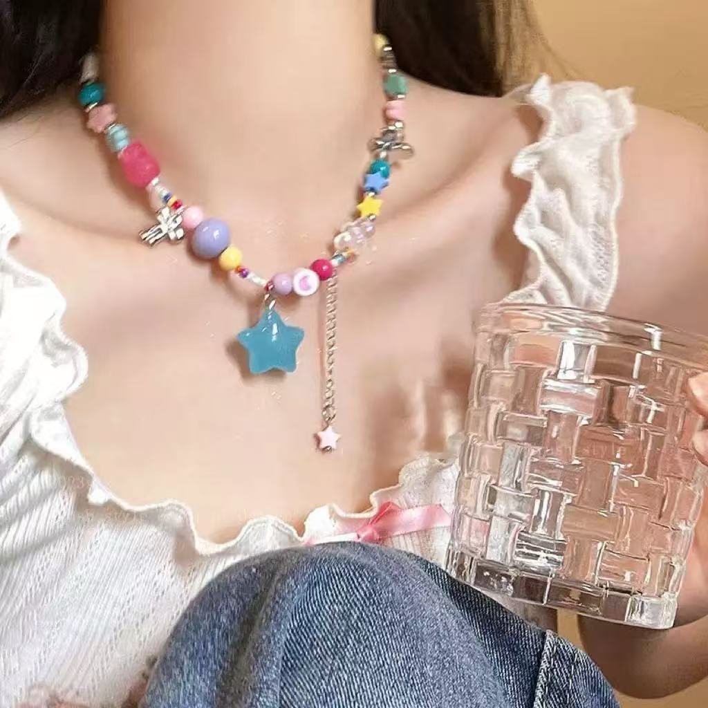 Dopamine Color Acrylic Rice Beads Apple Pendant Necklace Small Fresh Sweet Versatile Clavicle Chain Exquisite Necklace