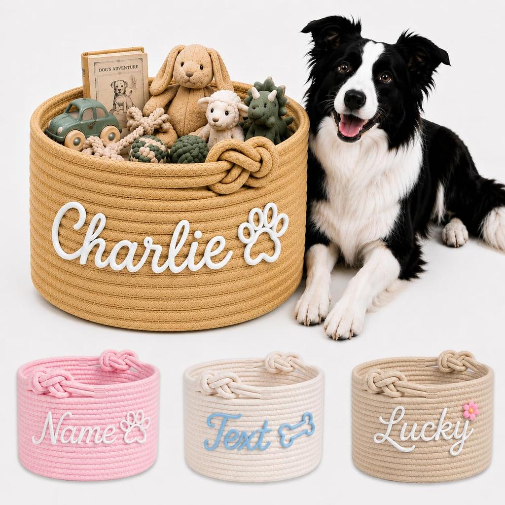 Pet Toy Storage Basket - Cotton Rope with Knot Handles, Color No Embroidery, for and Dog Toys, Treats and Accessories