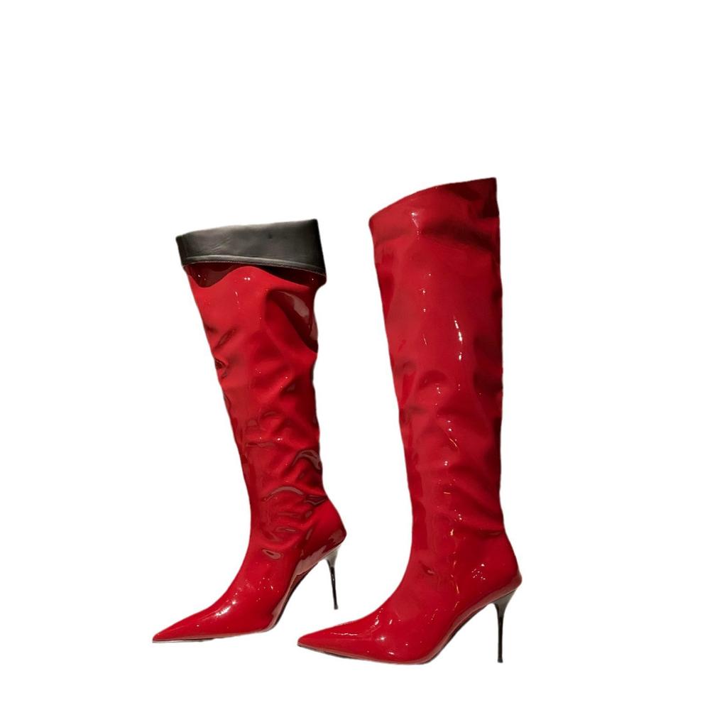 European and American pointed-toed thin-heeled boots for women in the autumn and winter of 2025, new nightclubs, niche patent leather glossy high boo