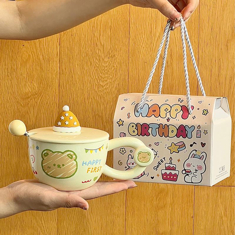 Gebt Mädchen Geburtstagsgeschenke, Cartoon-Hasenbecher, hochwertige Keramiktassen mit Deckel und Löffel und Geschenkboxen.