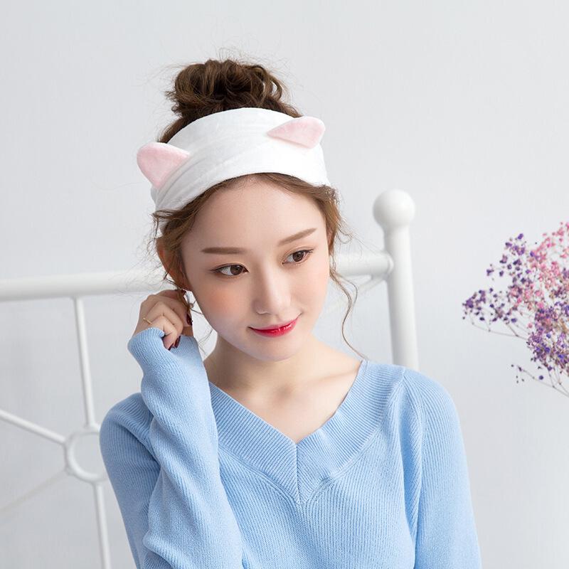 Korean Style Cute Cat Ear Embroidered Face Washing Headband Set