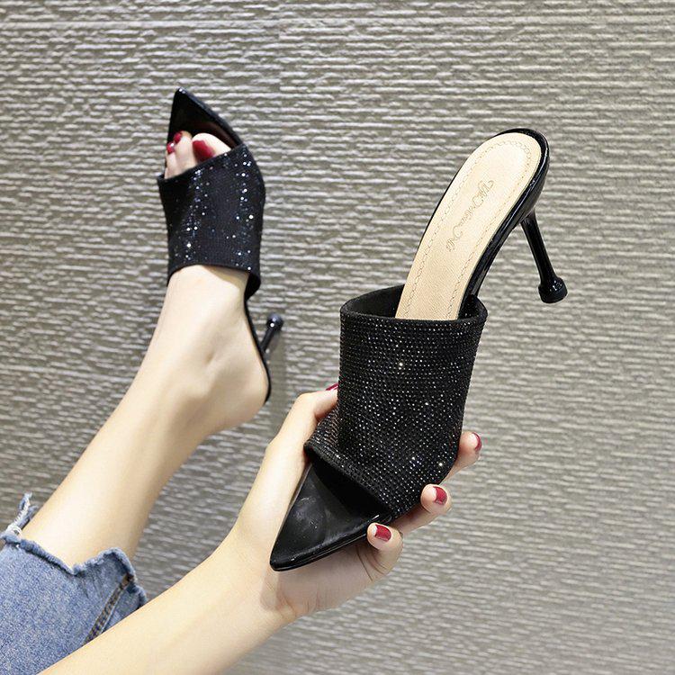 

Тапочки, женская обувь, сандалии Fairy Wind на высоком каблуке со стразами, женская обувь 37 чёрный