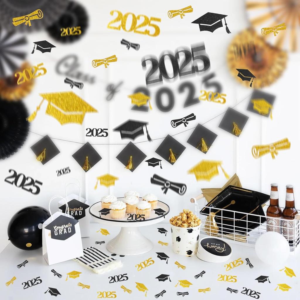 100pcs Graduation Confetti for Table 2025 Large Glitter Black Gold Grad Confetti Graduation Party Table Decorations