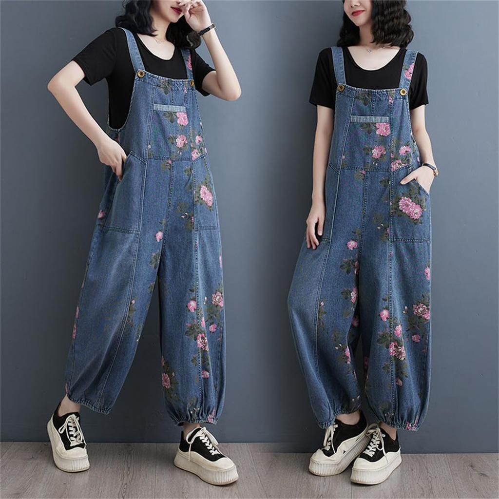 Mouhoukyo Denim Cute Floral Loose Size Women's Overalls, Jumpsuit, Wide-leg Pants, Print, Casual, Fit, Flattering, Spring/Autumn (Color shown, M)