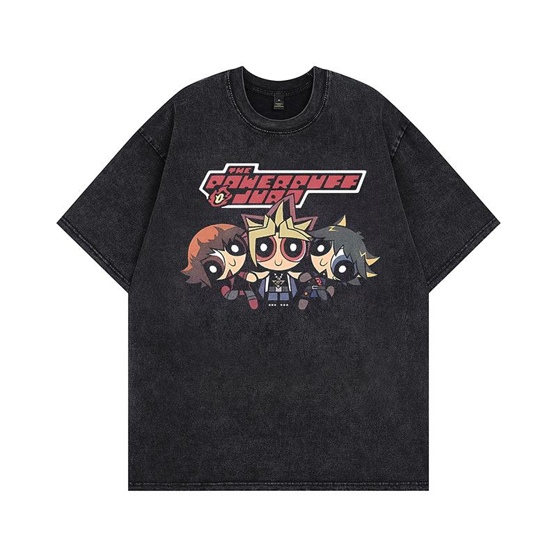 Kanye American trend retro washing water cartoon short-sleeved vintage old loose round neck men's and women's same T-shirt