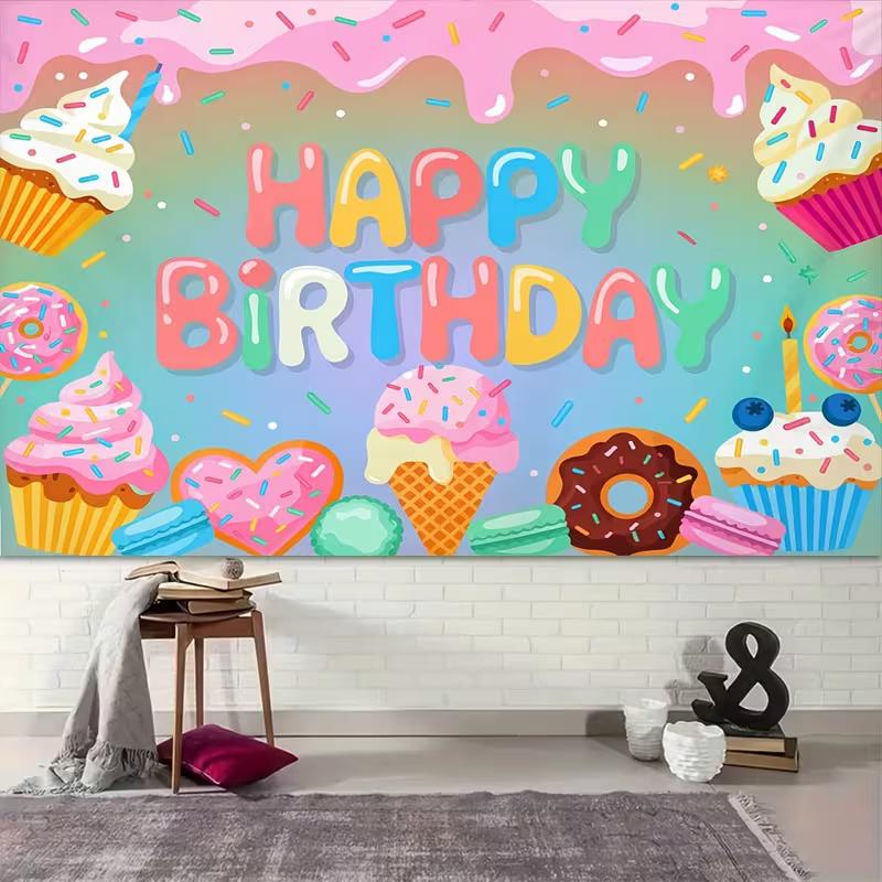 2D Dessert Themed Birthday Backdrop with Cupcakes, Donuts and Ice Cream Party Banner