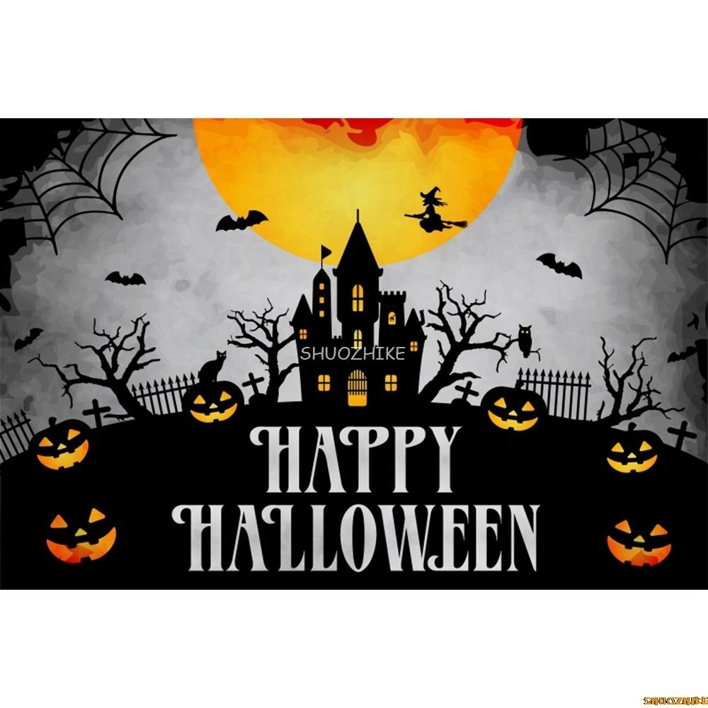 1pc Grey Halloween Party Backdrop with Gothic Night Moon Castle Pumpkin Bat Cat Wolf Banner for Halloween Theme Party Decoration