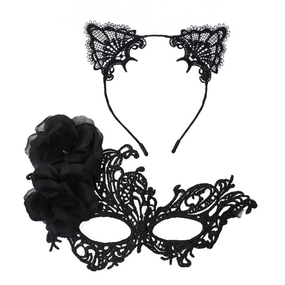 

Halloween Party Mask Comfortable Half Face Lace Mask Cat Ear Headband Elegant Costume Mask Set For Dance Halloween Party Costume