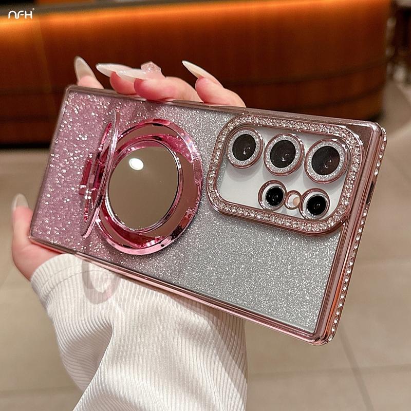 For Samsung Galaxy S25 Ultra Luxury Mirror Holder Flash Plating Diamond Frame Phone Case For Samsung S22 S23 S24 Plus Edge Cover