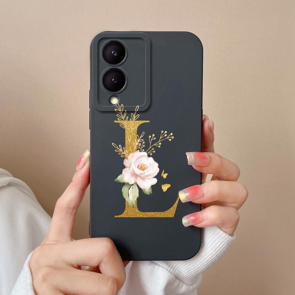 Case For VIVO Y17S 4G A To Z Cute Flower Letter Pattern Smooth Liquid Silicone Shell For VIVOY17S Y17s 4G Fashion Couple Fundas