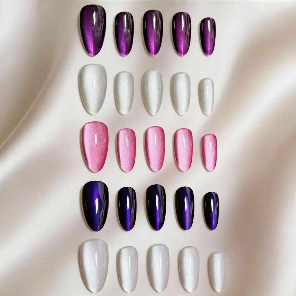 Flashy Almond Cat Eye Wearable Nails Collection - High-End Whitening Manicure for Summer