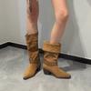 Vintage Suede Western Boots Women 2026 New Summer Pointed Toe Belt Buckle Non-Slip Block Heel Travel Boots