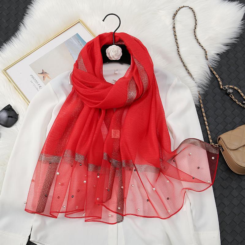 Fashion Luxury Silk Scarf For Women Shawls With Beads Long Scarf For Women Female Foluard Stoles Bandana Head Wraps Headscarf