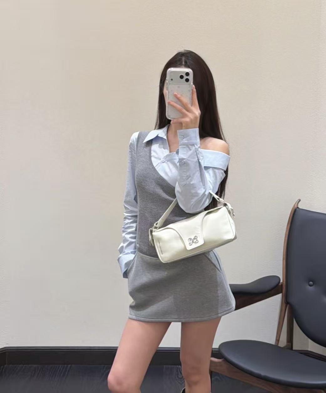 Nanyou Family Edition: Early Spring Off-the-Shoulder Shirt & Knit Vest Layered Two-Piece Set Medium серый