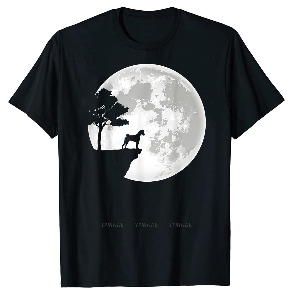 Basenji Dog and Moon Funny Halloween T Shirts Summer Graphic Cotton Streetwear Short Sleeve Birthday Gifts Tshirt Mens Clothing