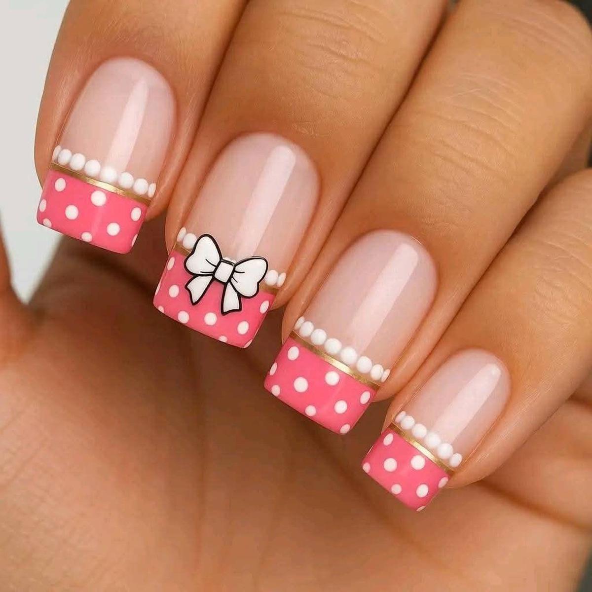 

Medium Pink Fake Nails with White Bow, Pearl Texture - Cute European & American Style F-939