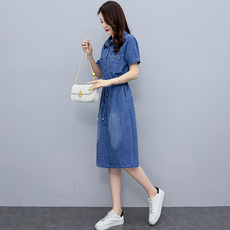 Rochie de vară coreeană din denim cu mânecă scurtă, talie subțire, casual, ușoară, lungime medie, modă