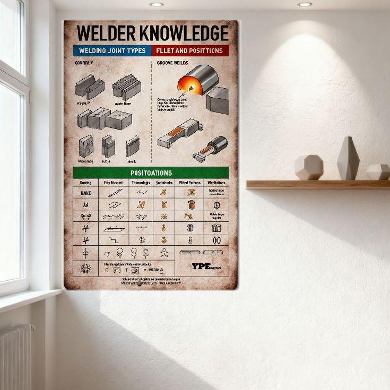 Svetare Kunskap Vintage Plåtskylt - Svetsskarvar Typer & Positioner Utbildande Affisch för Man Cave Bar Verkstad Heminredning