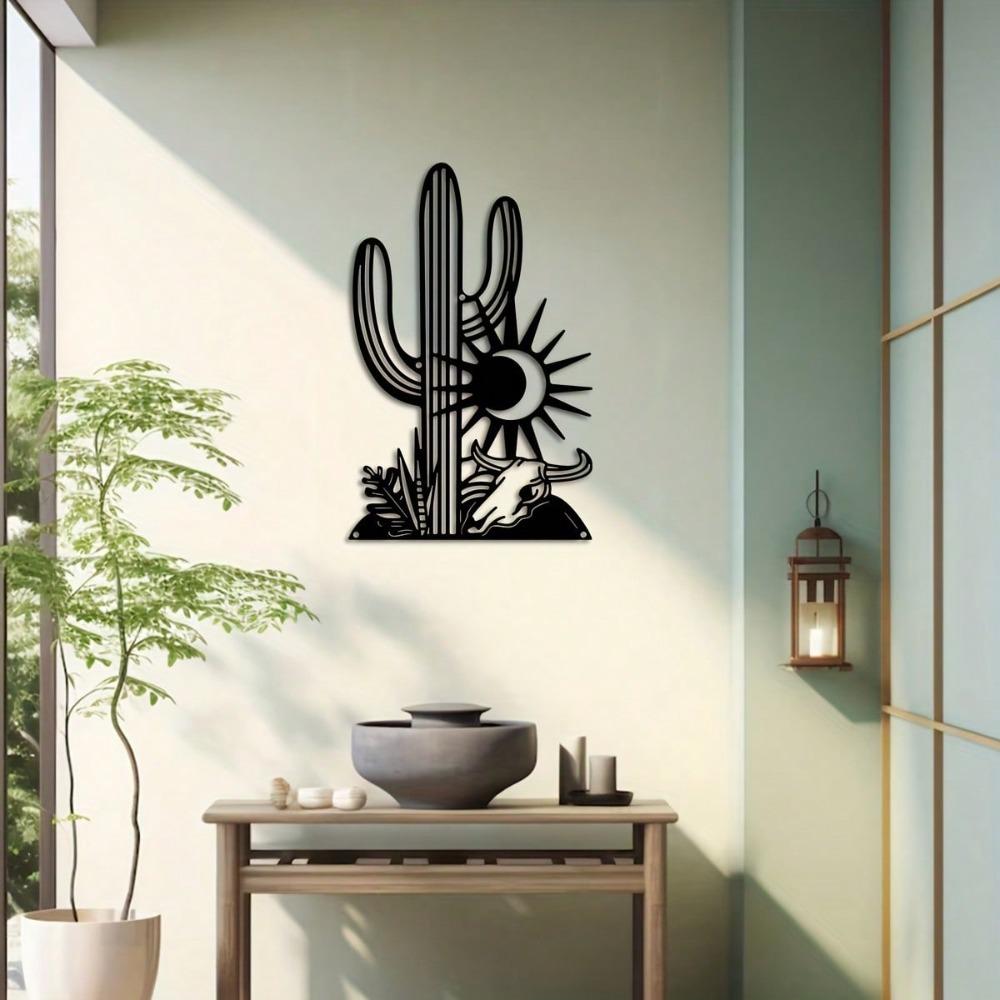 Metal Cactus Wall Art Sun Bull Design Elegant Black Iron Decor Living Room Balcony Gift
