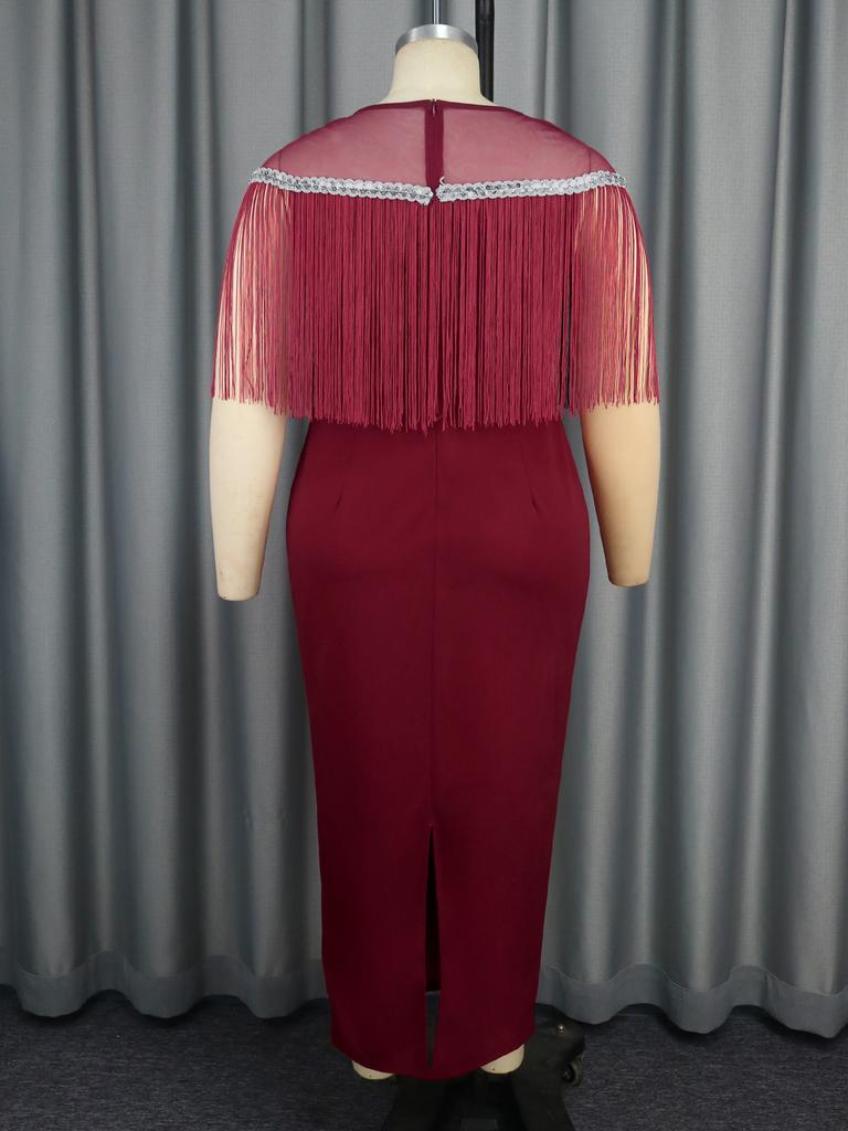 Womens Prom Dresses Fringe Mesh Patchwork Round Neck Sequins Pencil Plus Size Party Dresses