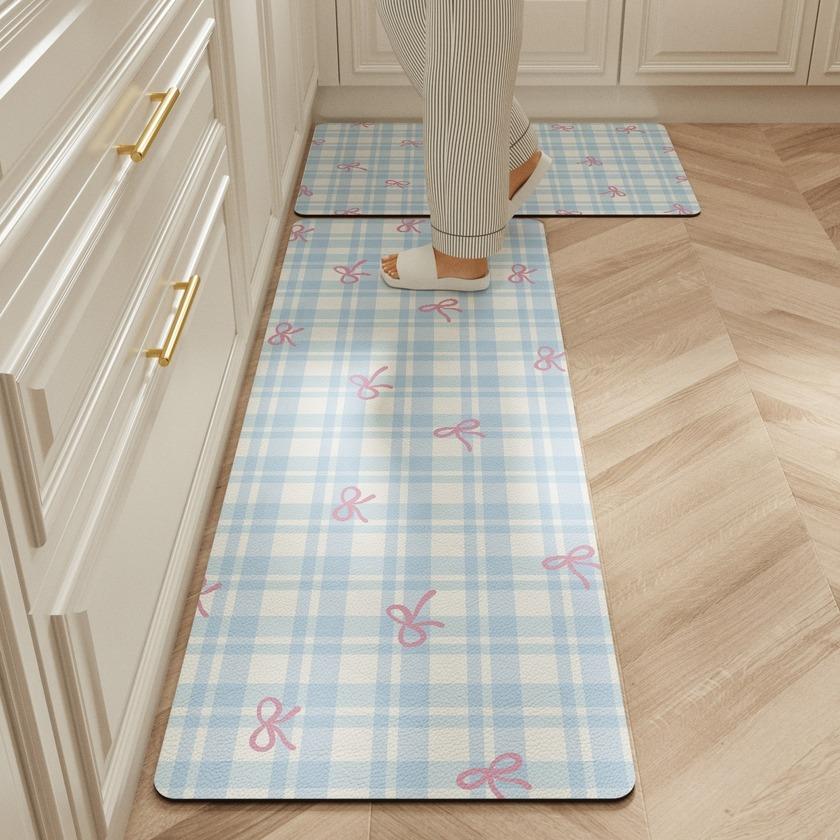 Kitchen Carpet Waterproof Long Floor Mat Pvc Leather Oil-Proof Non-Slip Foot Mats Bow Cute Girl Sweet Home Decoration Rug