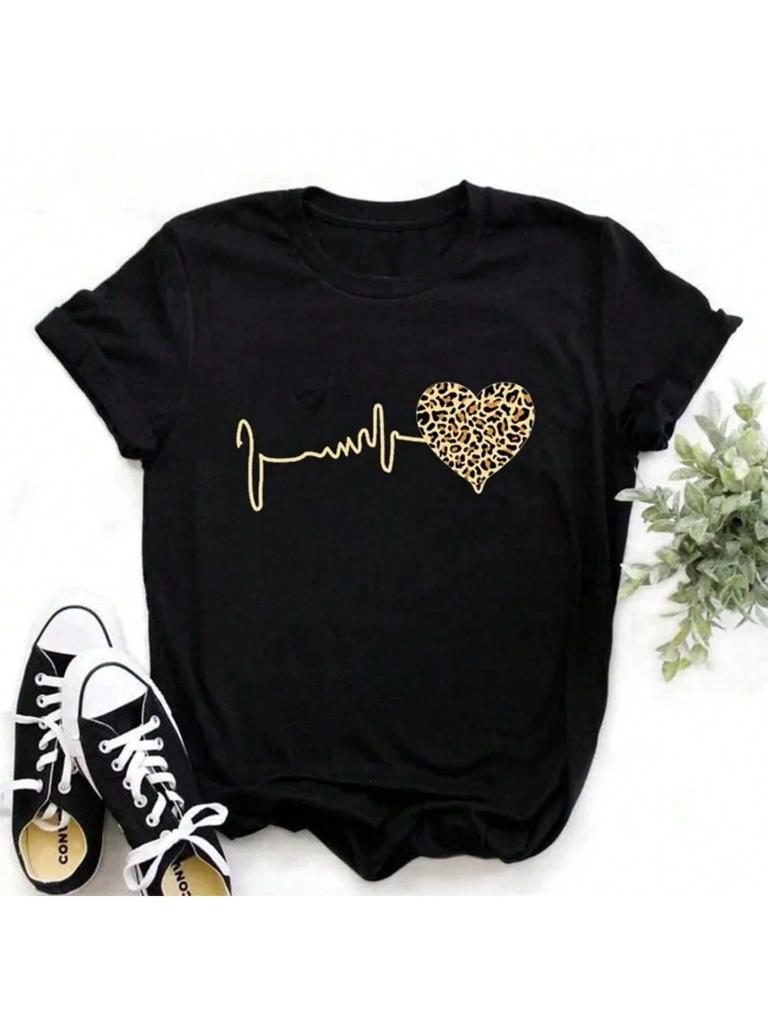 Leopard Love Heart Print Wounisex T Shirt Fashion T Shirt Black T-Shirt Female Short Sleeve Graphic Tee Tops Wounisex Casual T-Shirts