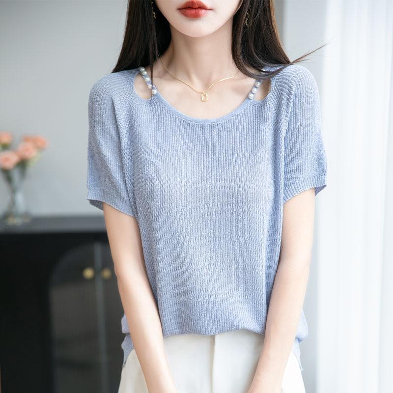 Summer's New Versatile Short-sleeved Knitted Short-sleeved Women's Round-neck, Hollowed-out Collarbone Beaded Versatile Top T-shirt Base Layer
