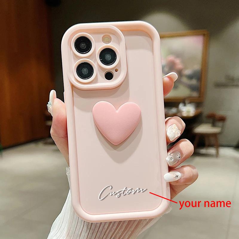 Personalized Custom Name Cute Love Heart Case For iPhone 16 15 14 13 12 11 Pro Max X XS 7 8 Plus Luxury Silicone Candy DIY Cover