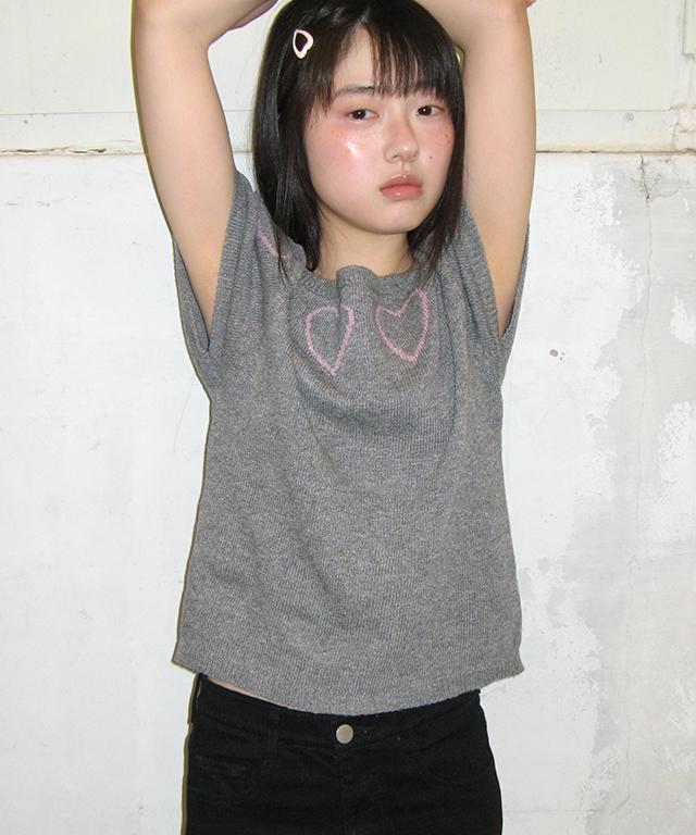 RONRON Heart Line Short Sleeve Knit Gray