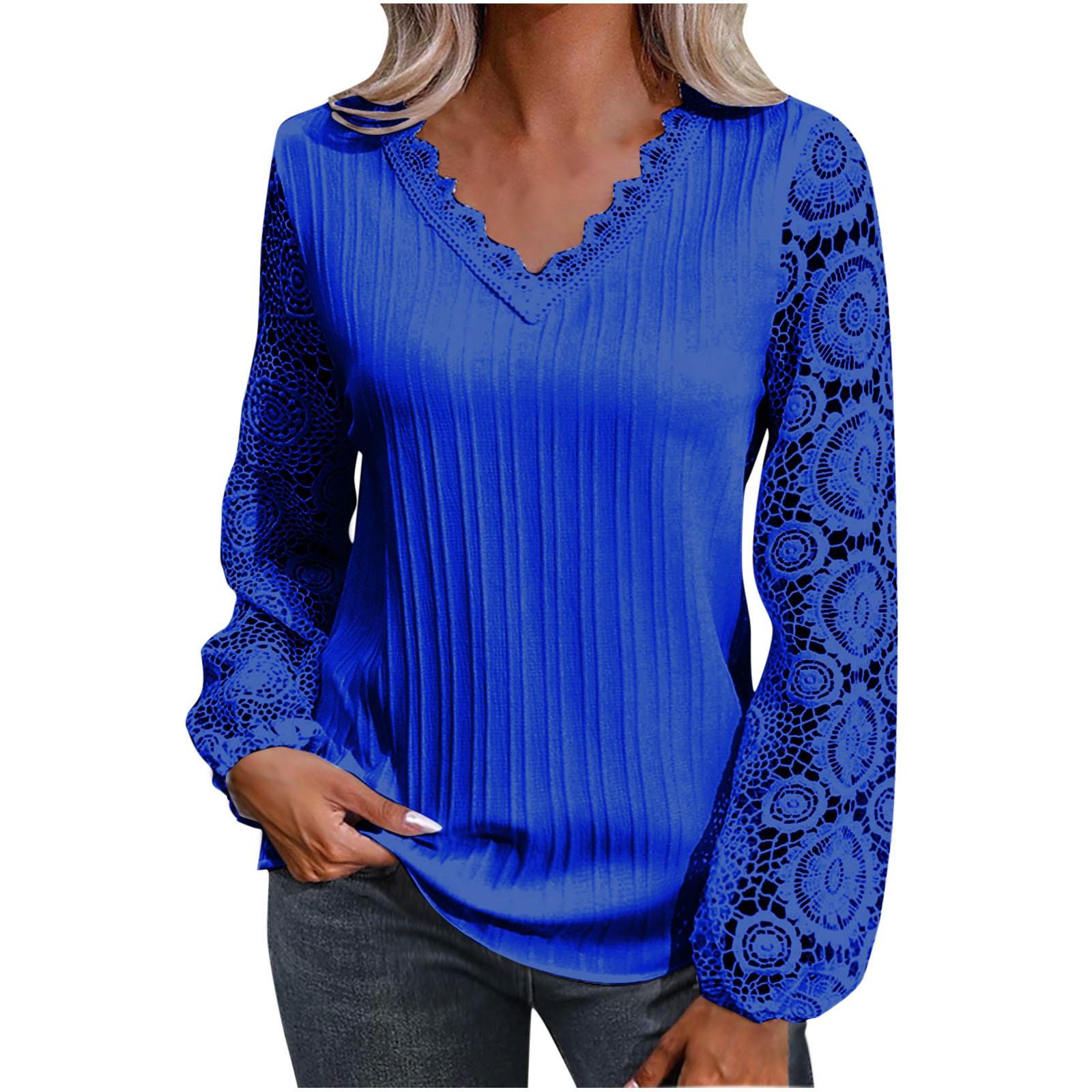 

Женская свободная повседневная футболка с v-образным вырезом и кружевом в стиле пэчворк с длинными рукавами XXL синий
