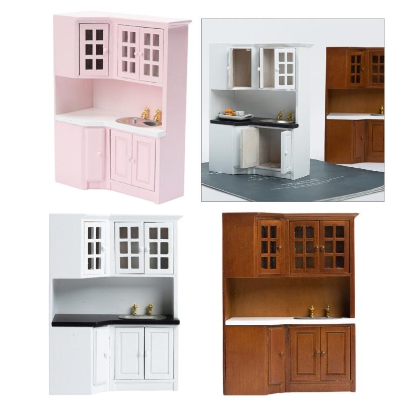 1/12 Dollhouses Kitchen Cabinet Miniature Furniture with Sink Craft Project Model Kitchen Room Scene Decorative Accessory