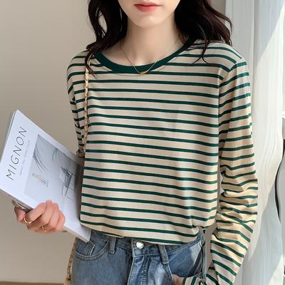 Early Autumn Stripe Base Layer Women Round Neck Loose Versatile Long Sleeve Tee Casual Cotton Top Thin