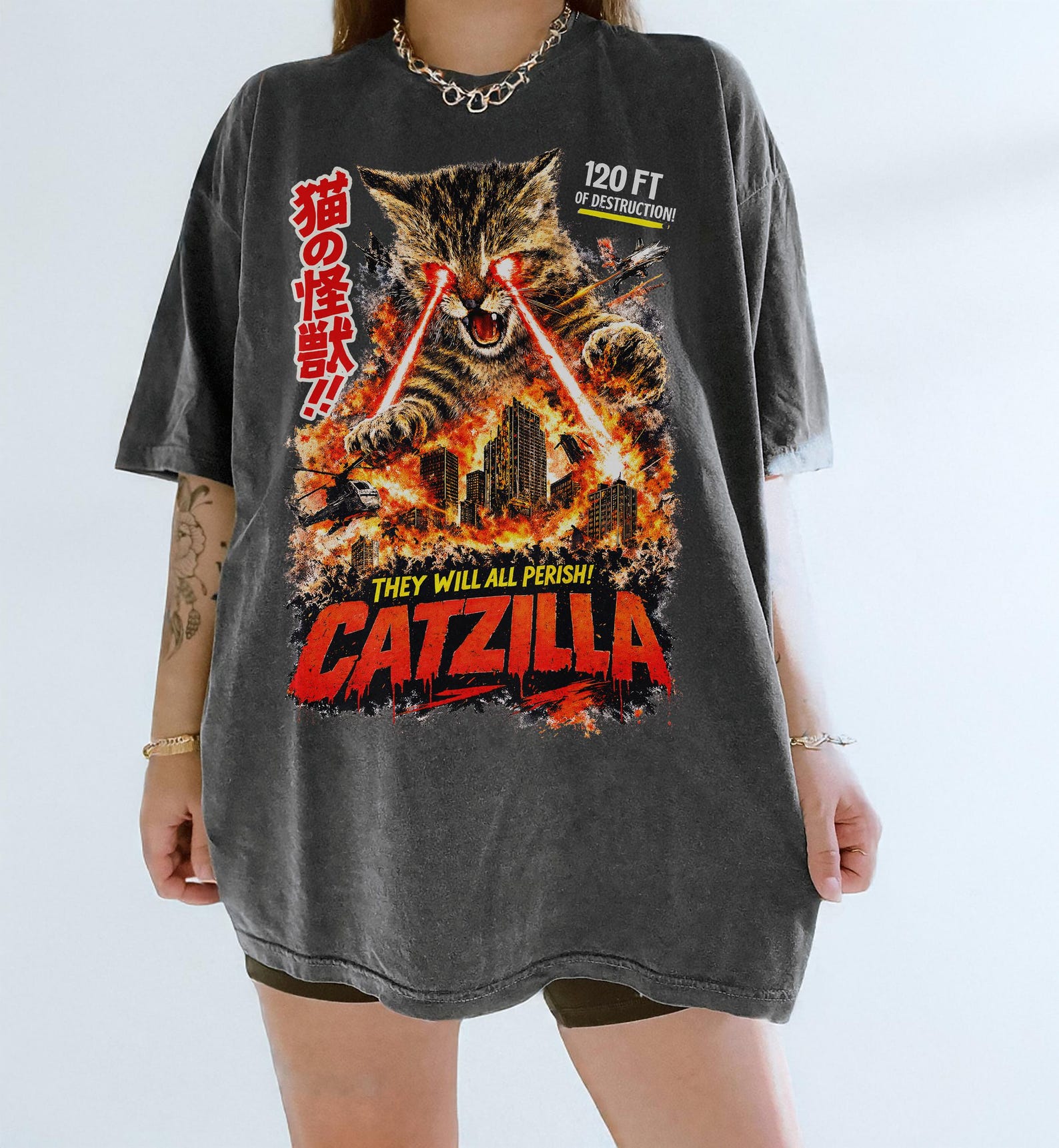 Catzilla Retro Graphic Tee T-shirt | Vintage Cat Monster Design 4XL