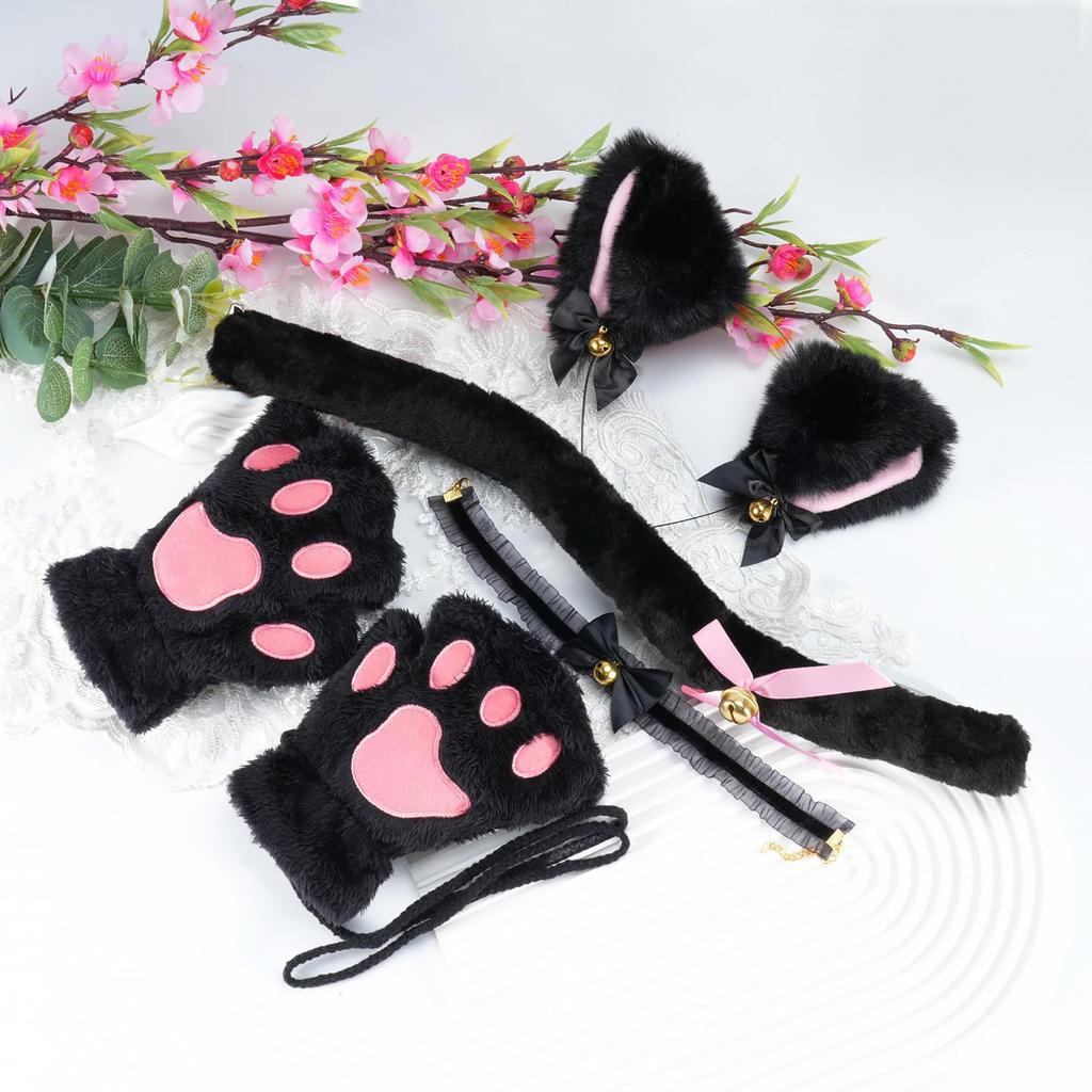 Chisafly Cat Ear Paw Tail and Bell Cute Cat Costume Perfect for Cosplay and Halloween Headband, Gloves, Choker, Included, Accessories, 4-Piece Set,