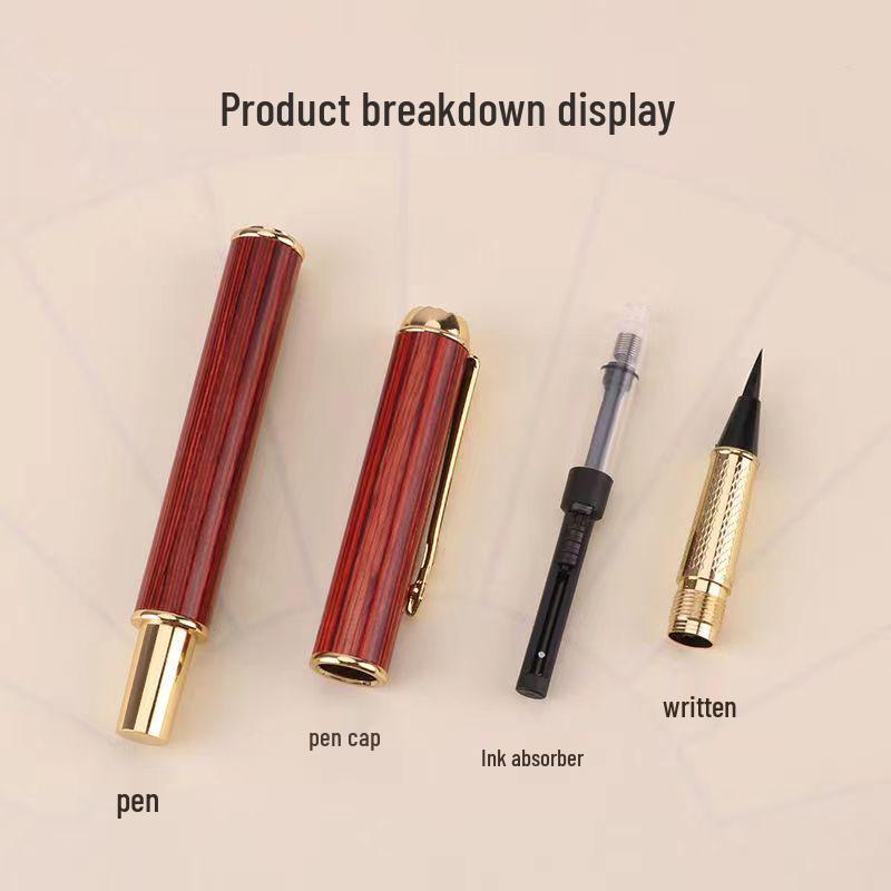 Sandalwood Brush Pen: Portable Calligraphy Soft Tip, Regular Script Ink Cartridge, Engravable Pen