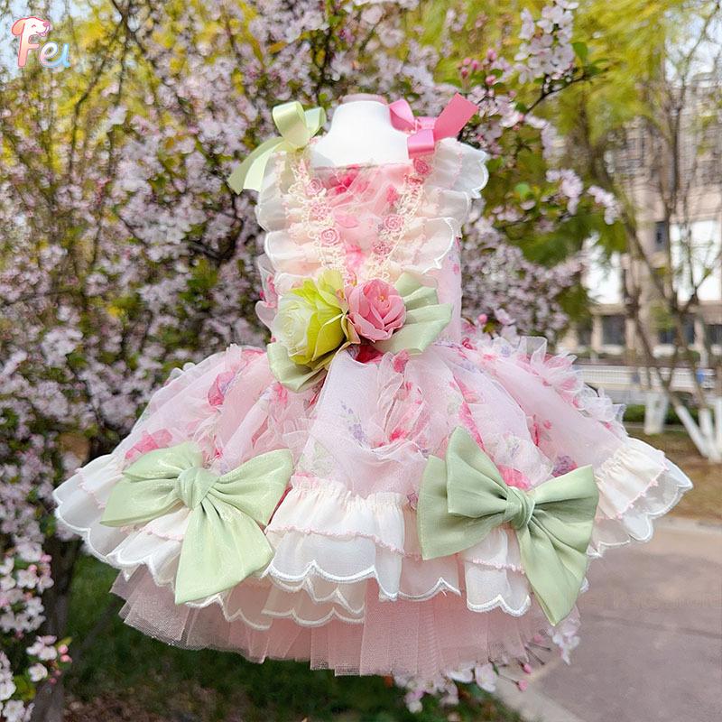 2026 Pet Dog Clothes Luxury Pure Handmade Fashion High-end Pink Roseflower Lace Tail Long Dresses For Small Medium Dog Chihuahua