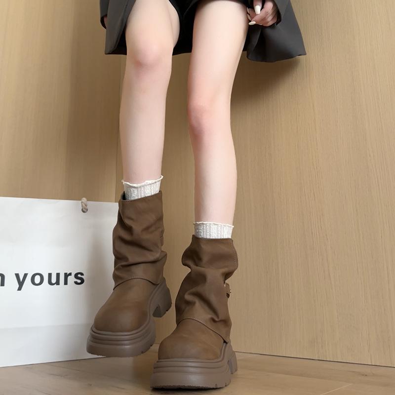 Brown retro Maillard platform Martin boots women's 2025 new autumn versatile heightening stacked pants tube boots