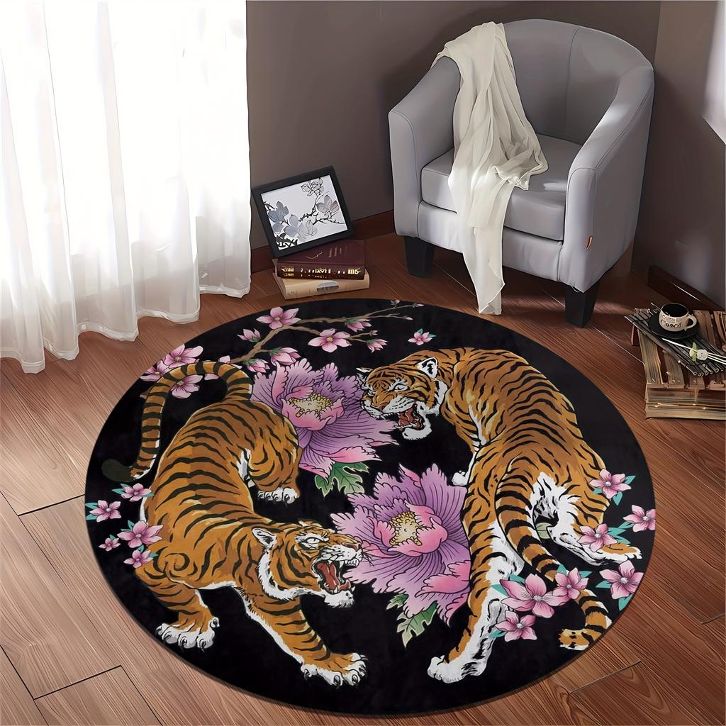 1PcscTiger Print Round Area Rug Indoor Non-Slip Washable Fiber Carpet Soft Comfortable Mat For Bedroom Living Room