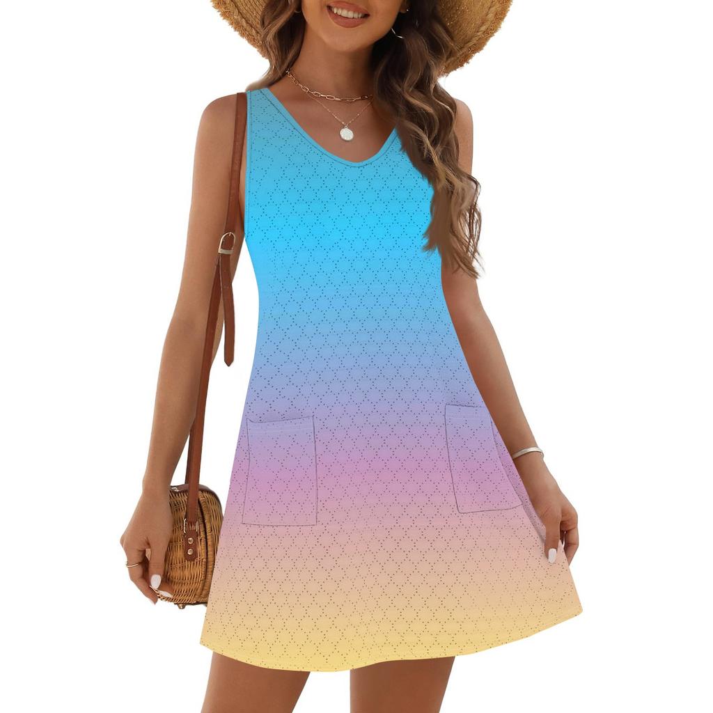 Women's Fashion Casual Summer Cuffless Pocket V-neck Gradient Print Dress Beach Sundress