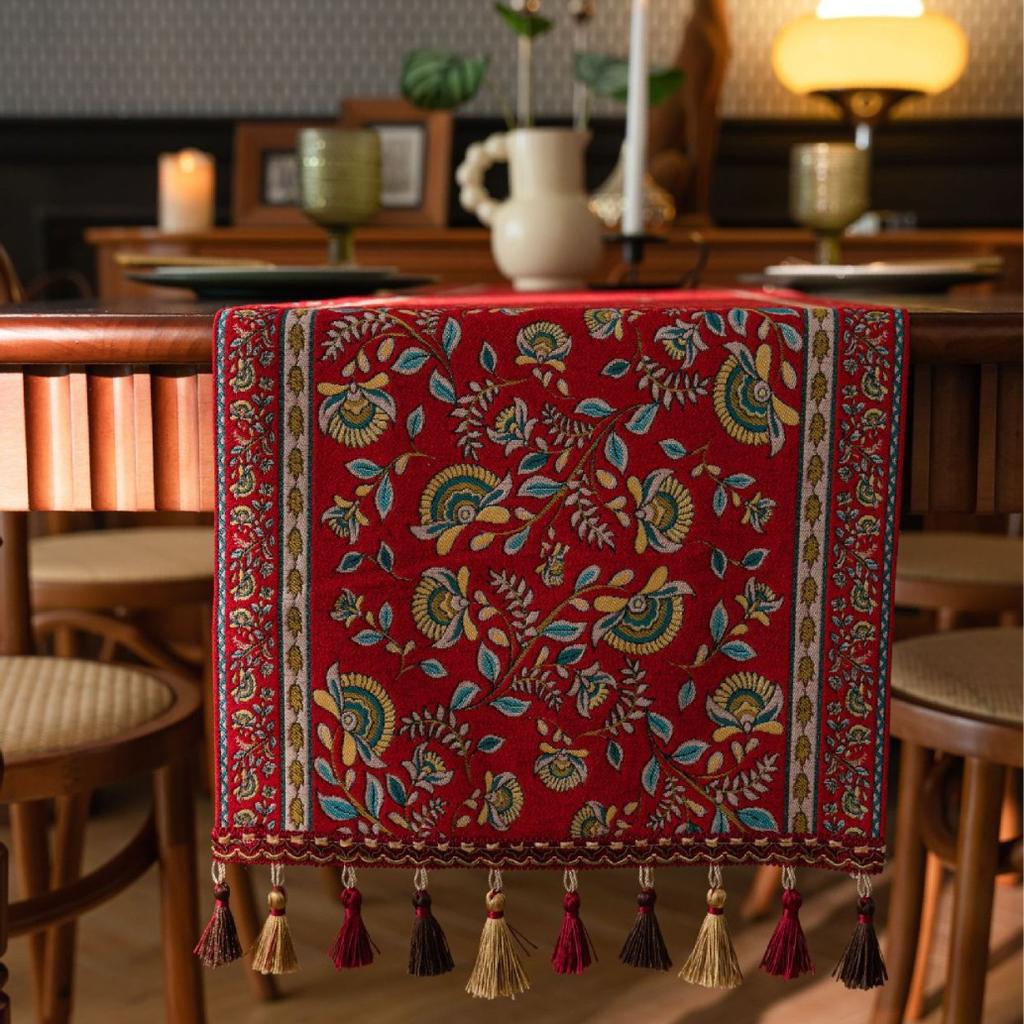 Plant Flower Table Runner with Tassels Jacquard Living Room Cabinet Cover Kitchen Dining Table Runner Party Decoration