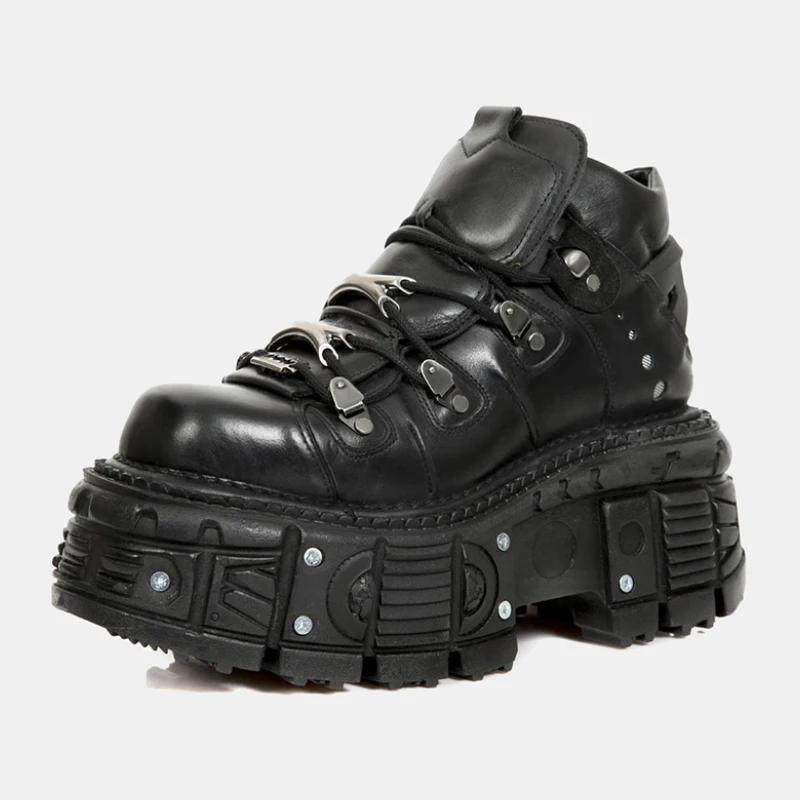 Fashion 2025 New Fashion Retro Tank-Soled Shoes Metal High-Top Shoes Thick-Soled Real Leather Shoes Punk Platform Sole Style Shoes Women